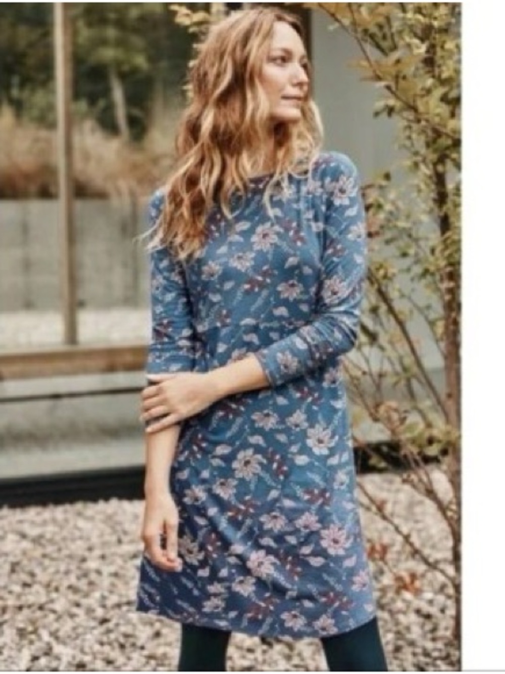J.Jill Blue Floral Long-Sleeve Shift Dress